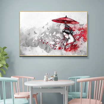 Japán Gésa, Poszterek, Nyomatok Vászon Festmény, Akvarell Rózsaszín Cherry Tree Kép Vintage Kimonó Nő Wall Art Otthoni Dekoráció