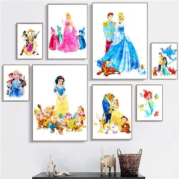 Disney Anime Rajzfilm Karakterek Akvarell Hercegnő Nyomtatás Wall Art Poszter, Nyomatok, Vászon Festmény Gyerek Szoba Dekoráció
