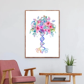 A DNS Genetikai Fa Biológia Orvosi Poszter Akvarell Virág Molekula Festés Vászon Nyomatok Wall Art Dekor Orvos Ballagási Ajándék