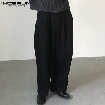 INCERUN Férfi Alkalmi Nadrág Gombot Kocogók egyszínű Streetwear Laza koreai Egyenes Nadrág a Férfiak 2021 Divat Pantalon S-5XL