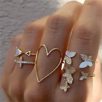 5 Db/Szett Bohém Pillangó Arany Gyűrű Női Szív, Kereszt Anillos Geometriai Fityeg Egyedi Kольцо Ékszerek 2021 Divat Kezét Gyűrű