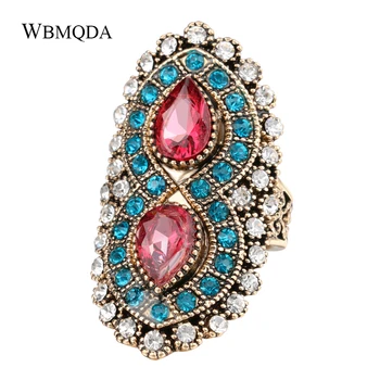 Bohém Ékszerek, Régi Nagy Rózsaszín Kő Gyűrű Etnikai Antik Arany Mozaik Kék Kristály Gyűrű Női Kiegészítők