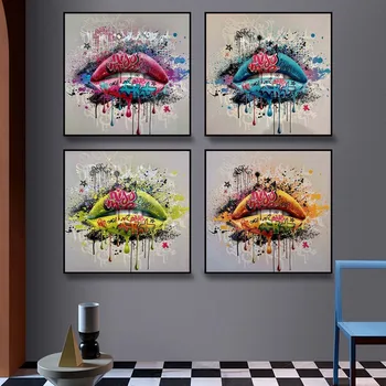 Modern divat graffiti art nyomtatás vászon festmény szexi szín ajak poszter iroda nappali, folyosó lakberendezési freskó