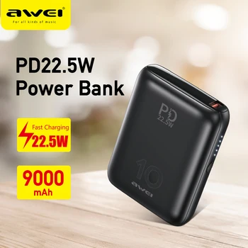 Awei Portable Power Bank PD Gyors Töltés 22.5 W Max 9000mAh C Típusú USB Töltés Utazási Gyors Töltő Mini Powerbank P115K