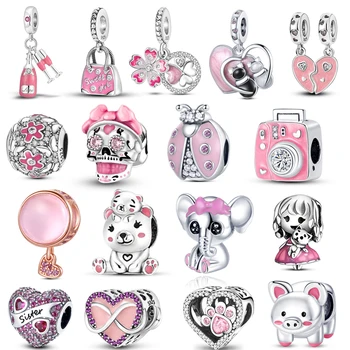 Aranyos Rózsaszín Lány Szív Medál Gyöngyök Illik Eredeti Pandora 925 Sterling Ezüst Charm Karkötő Női DIY Jól Ékszer Készítés