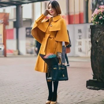 A Nők Koreai Anglia Vintage Ruhát Kabátban, Magas Minőségű Téli Egyszínű, Hosszú Gyapjú Keverékek Szárnyak Felsőruházat Manteau
