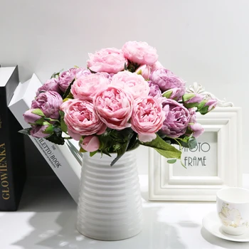5Heads Selyem Bazsarózsa Csokor Hamis Növények 1 Csomag Mesterséges Rózsa Virág Esküvő Album lakberendezési Kiegészítők