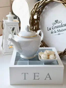 Fehér, Természetes Bambusz Tea Doboz Fedele 9-Rekesz Kávé, Tea Táska Fa Finom Tea Tárolására Jogosult Szervező A Konyhában
