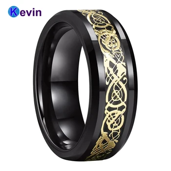 Fekete Wolfram Gyűrű, Férfiak, Nők Esküvői Zenekar, A Fekete Szénszálas, Arany Sárkány Inlay 8 mm-es Comfort Fit