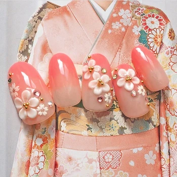 Kimonó keleti cseresznye stílus virág minta 3D hamis körmök Japán fokozatos tiszta színes műköröm 24pcs hölgy teljes köröm tippek