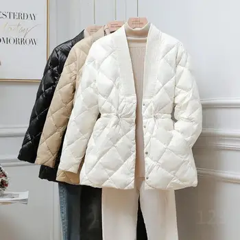 A Nők Elegáns Fehér Kacsa Kabát 2021 Új Koreai Divat V-Nyak Vékony Kötés Könnyű Le, Kabát, Női Kabát, Meleg Outwear