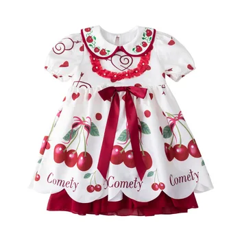 3PCS Lolita Lányok Dress Gyerekek Cseresznye Nyomtatott Ruha Hercegnő Baba Csecsemő Szülinapi Keresztség WN025 