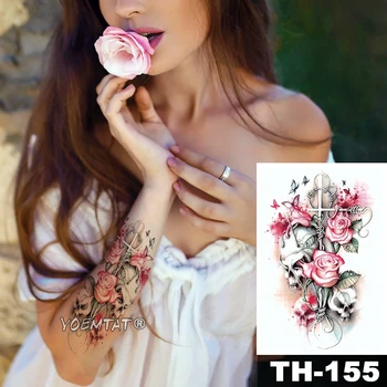 Vízálló Ideiglenes Tetoválás Matrica Kereszt rózsa virág koponya mintával Víz Transzfer pillangós body art flash hamis tetoválás