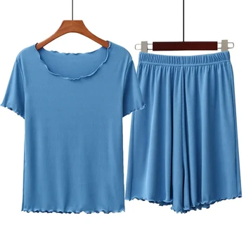 2422D-12Women Modális Pizsama ruha női nyári laza pamut alkalmi mélypont Hálóruházat rövidnadrág kétrészes homewear készlet