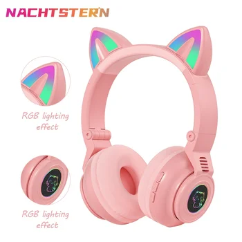 SEMFIO Aranyos RGB Cica Vezeték nélküli Headset Bluetooth 5.0 Bass zajszűrés Felnőtt Gyermek Lány Fülhallgató TF Kártya Sisak Mikrofon