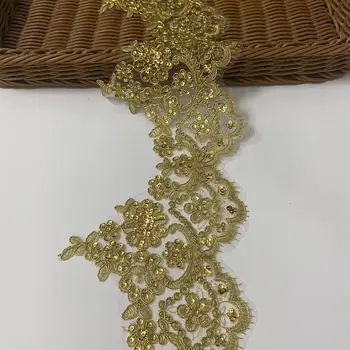 1Yard Sequin Arany Szál Csipke Virág Applied Trim Szélén Kézzel készített diy Anyag Esküvői Ruházat Applied Virág Timimg 13cm