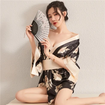 Top Fahion Női Szexi Japán Kimonó Csipke Nyomtatás Hálóingre Szexi Pizsama Egységes