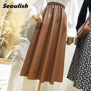 Seoulish 2021 Új Őszi Téli PU Faxu Bőr Női Hosszú Szoknya, Rugalmas, Magas Derék Régi Esernyő A-vonalú Szoknyák Női